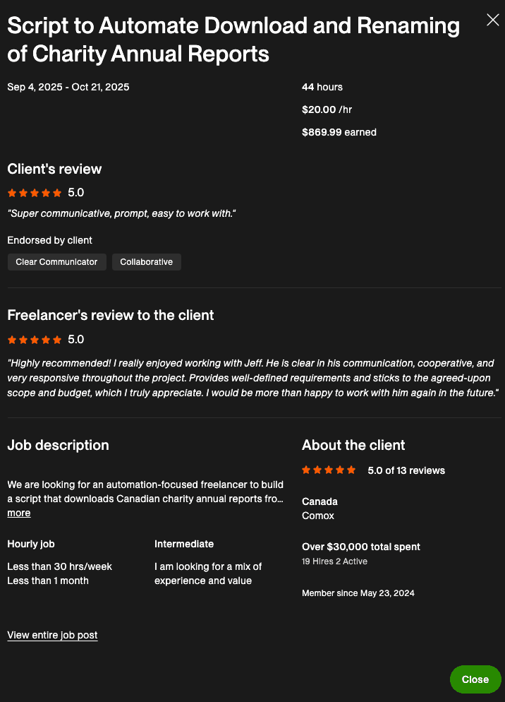 Upwork client review for automating the download of charity annual reports, rated 5.0