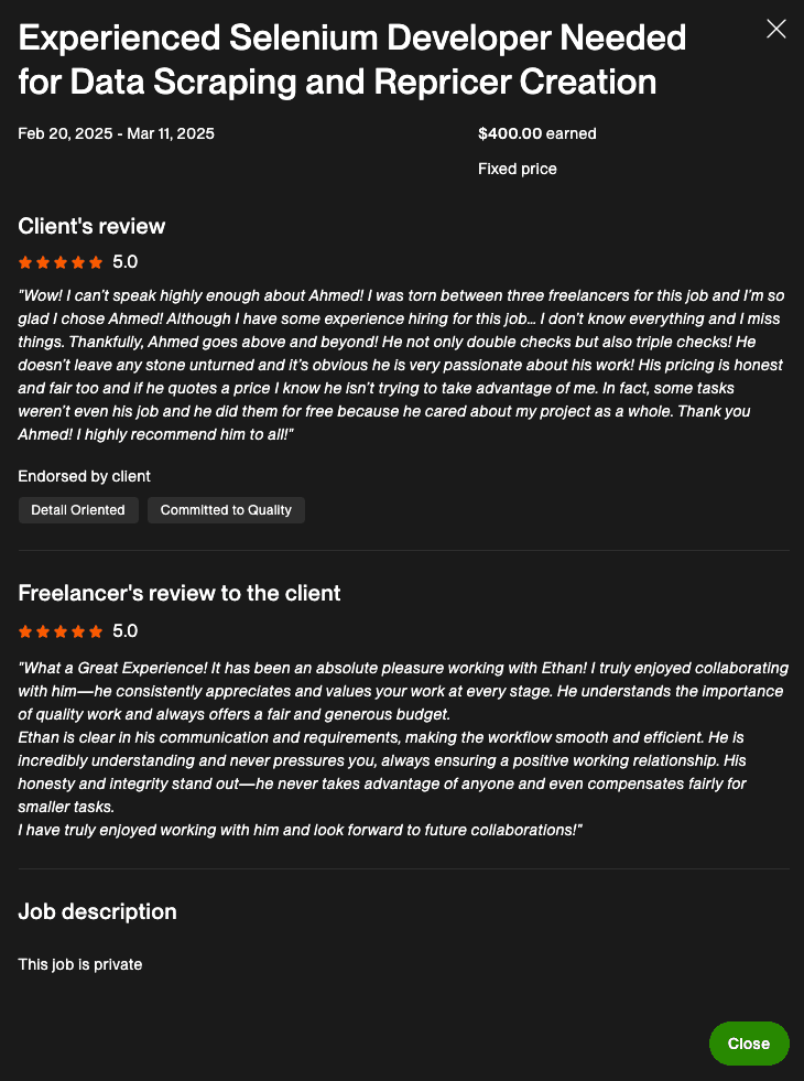 Upwork client review for a Selenium data scraping and repricer project, rated 5.0