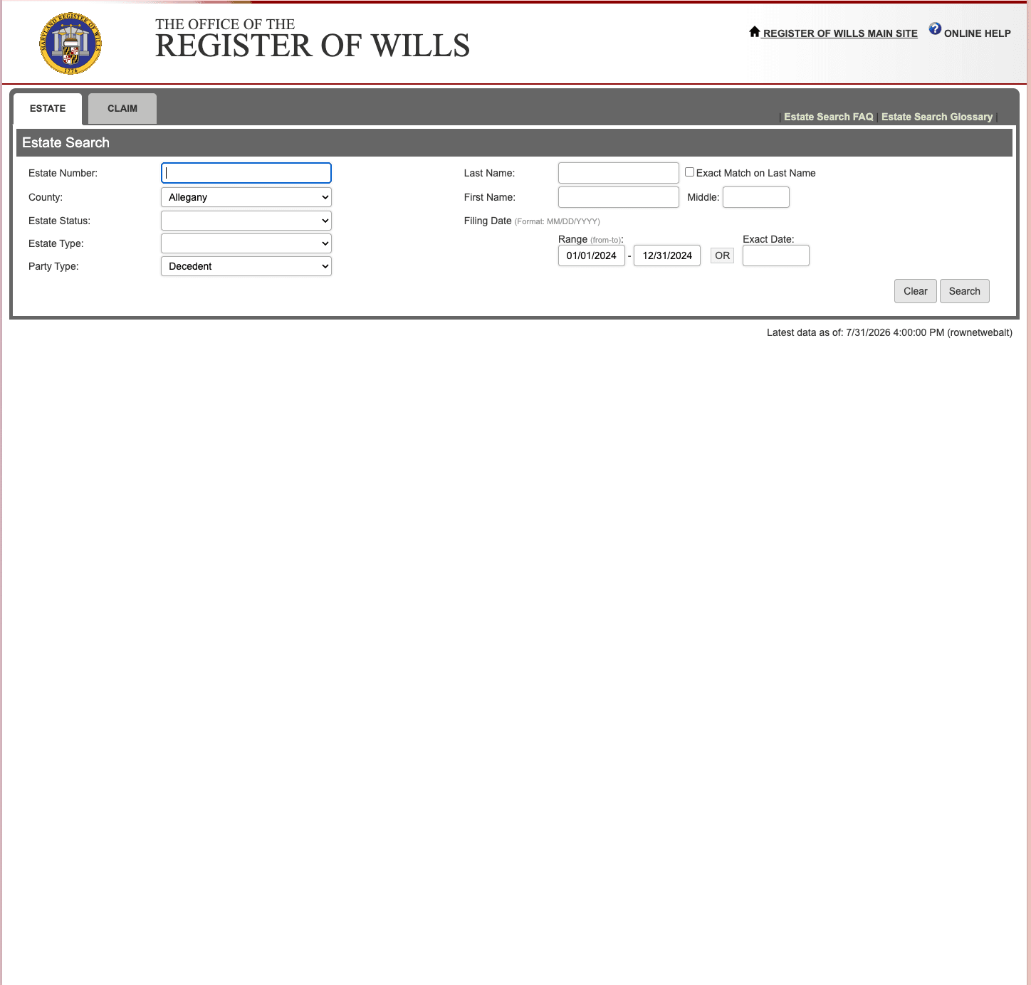 Maryland Register of Wills Scraper — screenshot 1