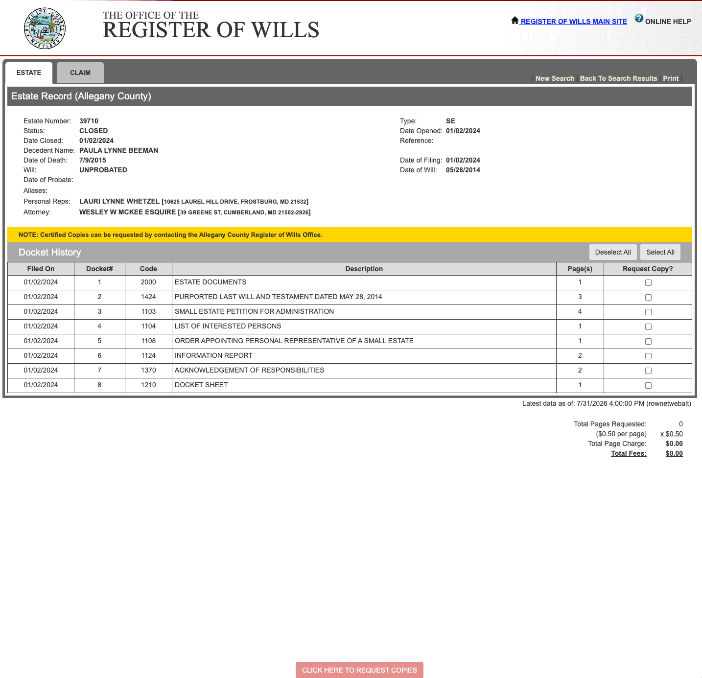 Maryland Register of Wills Scraper — screenshot 2