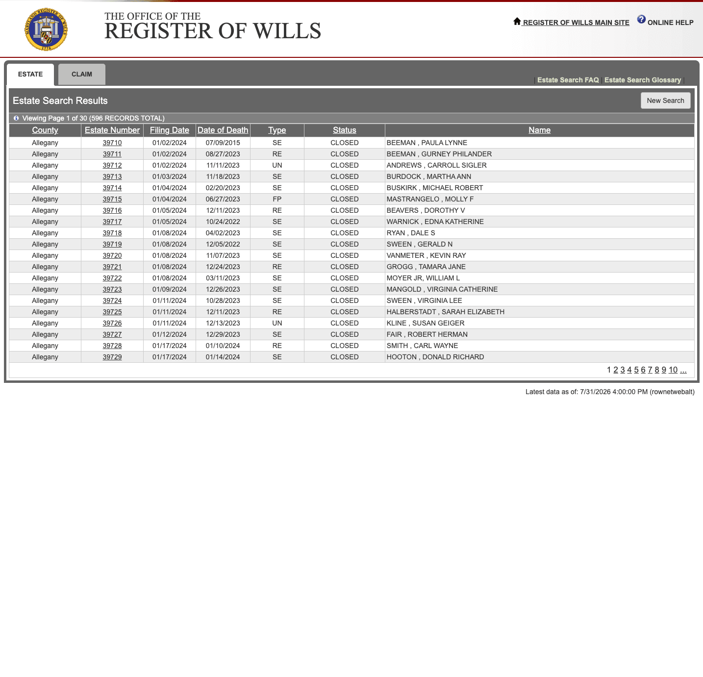 Maryland Register of Wills Scraper